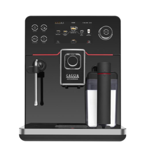 Gaggia Accademia mesin kopi espresso full automatic premium Italia dengan touchscreen display, ceramic grinder, automatic milk carafe, dan steam wand profesional.